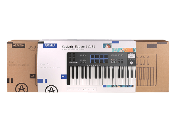 MIDI клавиатура [231532] Arturia [KeyLab Essential 61 mk3 Black] 61 клавиша, LCD дисплей, 9 энкодеров, 8 пэдов, 9 фейдеров, 12 кнопок управления, колеса высоты тона и модуляции, 1/4" Jack вход для педали, MIDI выход, Type-C
