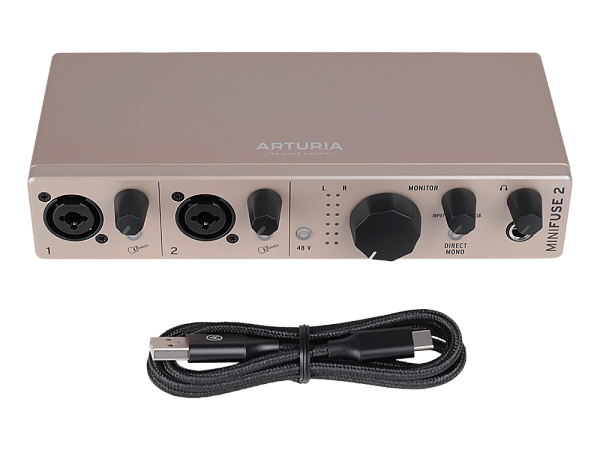 Аудиоинтерфейс USB [800122] Arturia [MiniFuse 2 Champagne] 24бит/192кГц, два комбинированных входа XLR-1/4” (микрофонный / линейный / инструментальный уровень) с фантомным питанием +48 В, выходы на монитор (L/R Jack), выход для наушников, MIDI In/Out