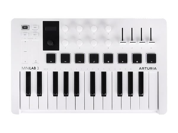 MIDI клавиатура [231501] Arturia [MiniLAB 3] 25 клавиш, 8 энкодеров, 8 RGB пэдов, 8 фейдеров, дисплей, сенсорные регуляторы Pitch/Modulation, MIDI-выход, 1/4" Jack вход педали, режим Chord, арпеджиатор, USB-C