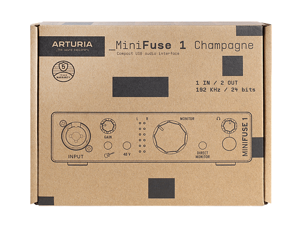 Аудиоинтерфейс USB [800121] Arturia [MiniFuse 1 Champagne] 24бит/192кГц, комбинированный разъем XLR и 6.3 мм для записи инструментов и вокала с фантомным питанием 48 В, выходы на монитор (L/R Jack), выход для наушников