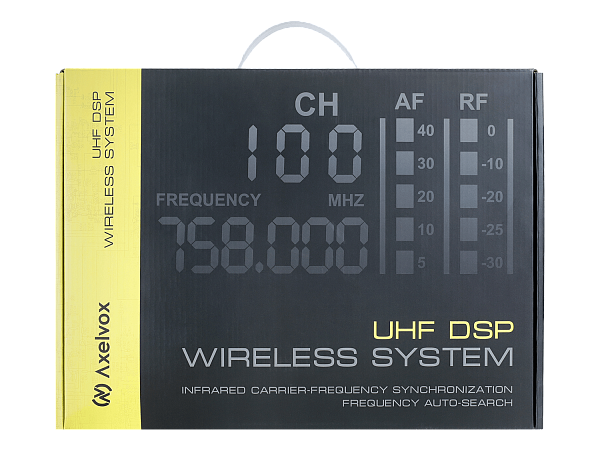 Микрофонная радиосистема Axelvox [DX800SW] UHF 650 - 758 MHz, подавитель обратной связи, цифровая модуляция, LCD дисплей, DSP, ручной микрофон - 2 шт., силиконовые кольца - 2 шт., держатель для микрофона - 2 шт., цвет белый.
