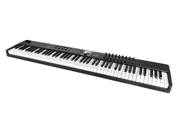 MIDI клавиатура [231542] Arturia [KeyLab Essential 88 mk3 Black] 88 клавиш, LCD дисплей, 9 энкодеров, 8 пэдов, 9 фейдеров, 12 кнопок управления, колеса высоты тона и модуляции, 1/4" Jack вход для педали, MIDI выход, Type-C