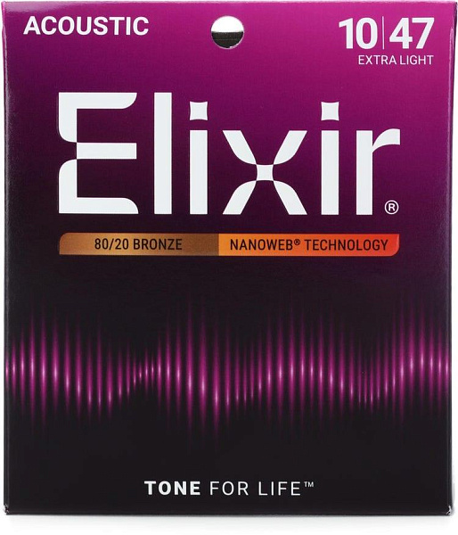 11002 NANOWEB Комплект струн для акустической гитары, Extra Light, бронза 80/20, 10-47, Elixir