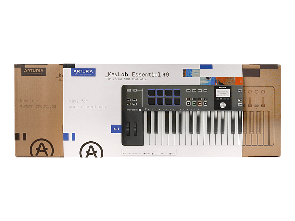 MIDI клавиатура [231522] Arturia [KeyLab Essential 49 mk3 Black] 49 клавиш, LCD дисплей, 9 энкодеров, 8 пэдов, 9 фейдеров, 12 кнопок управления, колеса высоты тона и модуляции, 1/4" Jack вход для педали, MIDI выход, Type-C