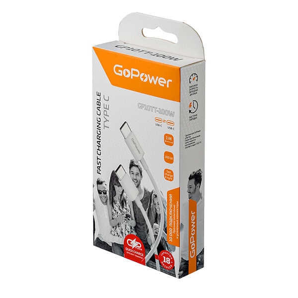 00-00022802 Кабель GP10TT-100W Type-C (m)-Type-C (m) 1.0м, 100W, белый, GoPower