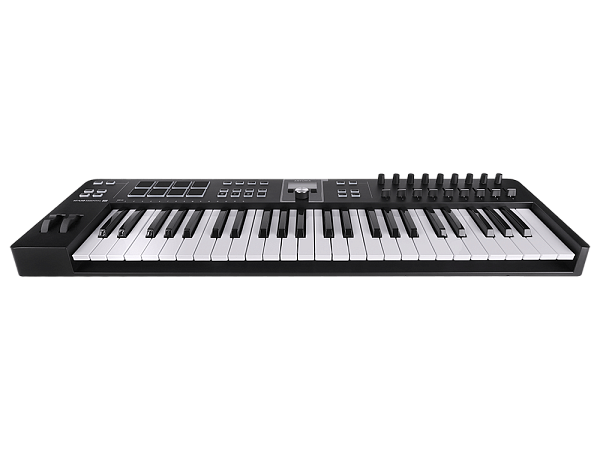 MIDI клавиатура [231522] Arturia [KeyLab Essential 49 mk3 Black] 49 клавиш, LCD дисплей, 9 энкодеров, 8 пэдов, 9 фейдеров, 12 кнопок управления, колеса высоты тона и модуляции, 1/4" Jack вход для педали, MIDI выход, Type-C