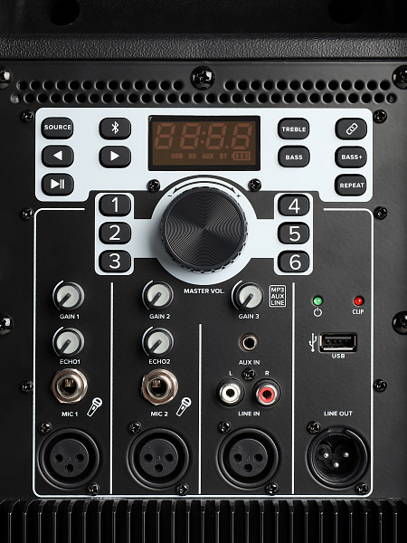Акустическая система Gemini [GSP-5500] Активная, 2-х полосная, RMS/Peak 550/2200 Вт, АЧХ 40-20000 Гц, SPL 126 дБ, 15" ВЧ, 1,35" ВЧ, вх.: (2) XLR Mic, (2) 1/4" TRS Mic, 1/8” TRS AUX, RCA (L/R) AUX, XLR, вых.: XLR Mix, USB, SD, FM, Bluetooth