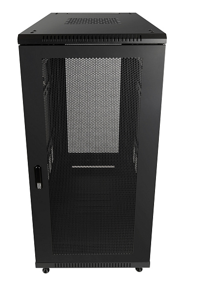 Рэковая стойка Wize Pro [W27U100R-M] 19”, 27U, 600х1000 мм, передняя и задняя двери металлические перфорированные, колеса, рэковые гайки: 20 шт, макс. вес нагрузки 800 кг, сталь, черный (3 места)