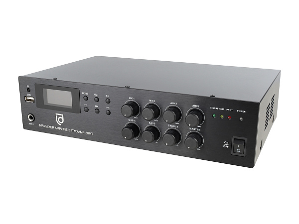 Микшер-усилитель Intrend [ITMXAMP-60MT] MP3, FM тюнер, USB, Bluetooth, 2хMic/3хLine входы, 1хLine выход,60 Вт, 4/8Ом/100V, IR-пульт в комплекте