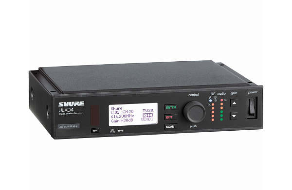 Цифровой двухканальный приемник SHURE [ULXD4DE=-G65] съемные антенны, крепление в рек, Dante, 470 - 606 МГц