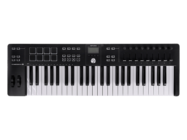 MIDI клавиатура [231522] Arturia [KeyLab Essential 49 mk3 Black] 49 клавиш, LCD дисплей, 9 энкодеров, 8 пэдов, 9 фейдеров, 12 кнопок управления, колеса высоты тона и модуляции, 1/4" Jack вход для педали, MIDI выход, Type-C
