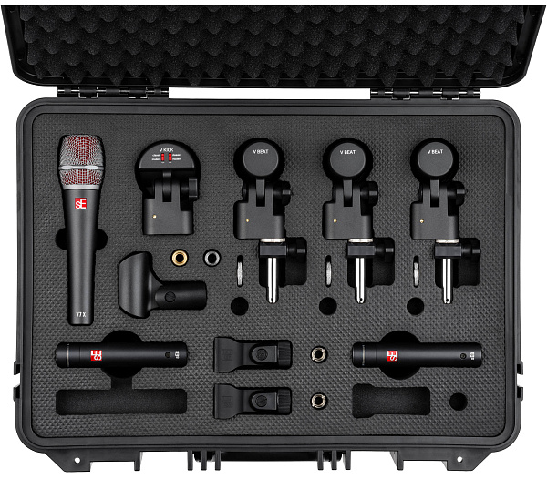 Набор микрофонов для ударной установки sE Electronics [V PACK ARENA] 1 х микрофон V KICK, 3 х микрофона V BEAT, 3 х крепления V CLAMP, 1 х микрофон V7 X, 2 х конденсаторных микрофона sE8, пластиковый кейс