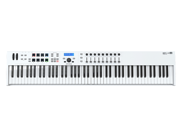 MIDI клавиатура [231541] Arturia [KeyLab Essential 88 mk3 White] 88 клавиш, LCD дисплей, 9 энкодеров, 8 пэдов, 9 фейдеров, 12 кнопок управления, колеса высоты тона и модуляции, 1/4" Jack вход для педали, MIDI выход, Type-C
