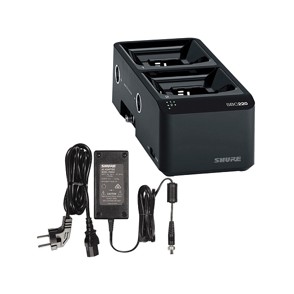 Двухпортовая сетевая зарядная док-станция SHURE [SBC220-E] для аккумуляторов SB900A, передатчиков QLXD1, ULXD1, AD1, QLXD2, ULXD2, AD2, приёмников P3RA, P9RA, P9RA+, P10R, P10R+, в комплекте источник питания