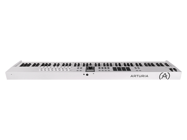 MIDI клавиатура [231541] Arturia [KeyLab Essential 88 mk3 White] 88 клавиш, LCD дисплей, 9 энкодеров, 8 пэдов, 9 фейдеров, 12 кнопок управления, колеса высоты тона и модуляции, 1/4" Jack вход для педали, MIDI выход, Type-C