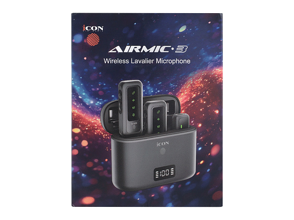 Радиосистема микрофонная Icon [AirMic 3] 2 передатчика со всенаправленными микрофонами, приемник с USB-C разъемом, кейс для зарядки, АЦП/ЦАП 24 бит/48 кГц, рабочая частота 2,4 ГГц, дальность 40 м, время непрерывной работы 8,5 часов, 24 часа с кейсом