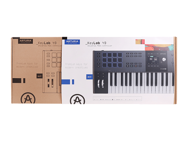 MIDI клавиатура [231622] Arturia [KeyLAB 49 MK3 Black] 49 клавиш, полувзвешенная механика, дисплей, 12 пэдов , 9 фейдеров, 9 поворотных регуляторов, 3 входа для подключения педалей, MIDI in/out, USB-C
