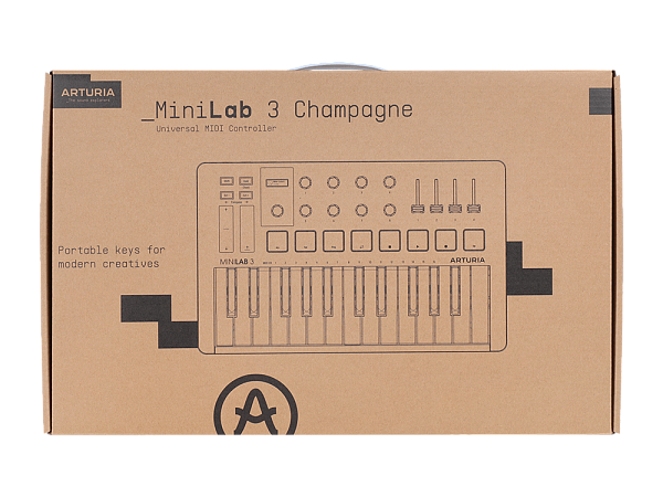 MIDI клавиатура [231508] Arturia [MiniLAB 3 Champagne] 25 клавиш, 8 энкодеров, 8 RGB пэдов, 8 фейдеров, дисплей, сенсорные регуляторы Pitch/Modulation, MIDI-выход, 1/4" Jack вход педали, режим Chord, арпеджиатор, USB-C