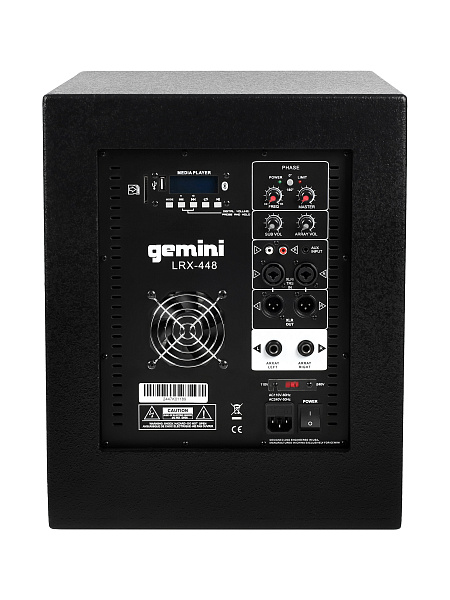 Акустическая система Gemini [LRX-448] Комплект: 8 (2х4) 2-х полосных сателлитов, 12" активный сабвуфер, совокупная мощность RMS 600 Вт, SD слот, USB порт, FM радио, Bluetooth, 2 стойки, кабели питания, кабели коммутации (2 места)