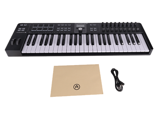 MIDI клавиатура [231522] Arturia [KeyLab Essential 49 mk3 Black] 49 клавиш, LCD дисплей, 9 энкодеров, 8 пэдов, 9 фейдеров, 12 кнопок управления, колеса высоты тона и модуляции, 1/4" Jack вход для педали, MIDI выход, Type-C