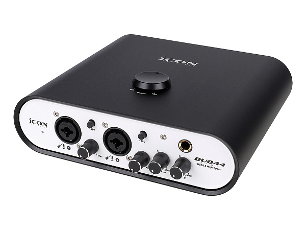 Аудиоинтерфейс USB [110313A2004] Icon [Duo44 Dyna B/W] АЦП/ЦАП: 24 бит/192 кГц, 127 дБ, входы/выходы: 2хCombo XLR/TRS/ 2х1/4" TRS, 1/8" mini Jack стерео, 1/4" TRS стерео выход на наушники, MIDI, +48 В, цвет черный/белый