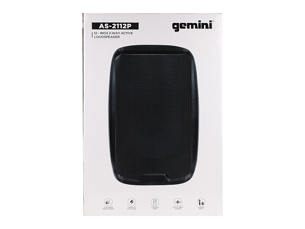 Акустическая система Gemini [AS-2112P] Активная, 2-х полосная, мощность RMS/Peak 750/1500 Вт, АЧХ 45-20000 Гц, Max SPL 108 дБ, динамики: 12" НЧ, 1" ВЧ, входы: 1/8" TRS AUX, RCA (L/R) AUX, 2xXLR микрофонные, 2x1/4" линейные, выходы: XLR Mix