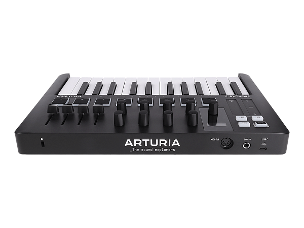 MIDI клавиатура [231502] Arturia [MiniLAB 3 Black Edition] 25 клавиш, 8 энкодеров, 8 RGB пэдов, 8 фейдеров, дисплей, сенсорные регуляторы Pitch/Modulation, MIDI-выход, 1/4" Jack вход педали, режим Chord, арпеджиатор, USB-C