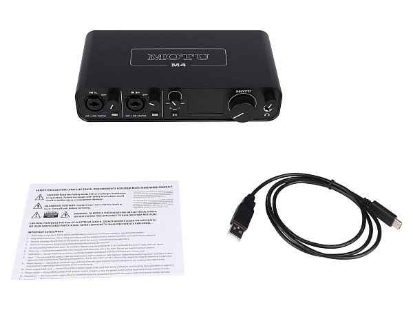 Аудиоинтерфейс USB [3140/3141] Motu [M4] АЦП/ЦАП: 24 бит/192 кГц, ЦАП ESS Sabre32 Ultra, 120 дБ, THD+N: -110 дБ, 2xCombo XLR/TRS, 2x1/4" TRS Jack входа / 4xRCA выхода, 4x1/4" TRS Jack выхода, 1/4" TRS Jack выход для наушников, MIDI, USB-C
