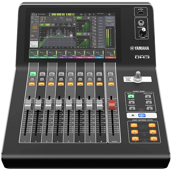 Микшер Yamaha [DM3] цифровой, компактный, Dante, 9 фейд, 9" мультисенсорный экран, входные каналы микширования:16 моно + 1 стерео + 2 FX возврат, шины: 1 стерео, 6 миксов, 2 FX, 2 матрицы (поддерживает ввод в матрицу), локальный ввод-вывод:16 микрофонных