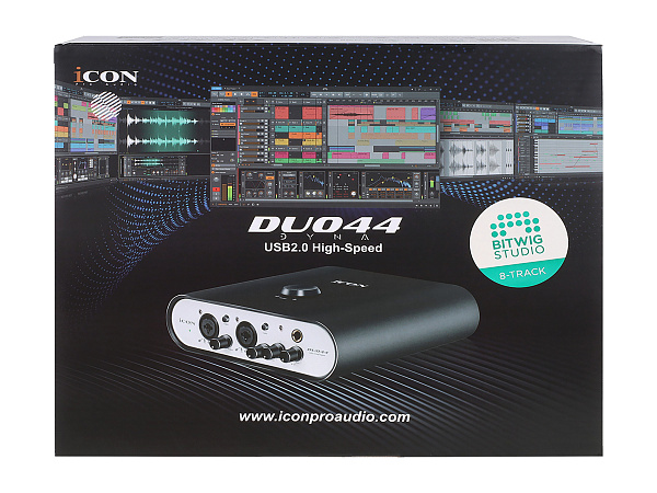 Аудиоинтерфейс USB [110313A2004] Icon [Duo44 Dyna B/W] АЦП/ЦАП: 24 бит/192 кГц, 127 дБ, входы/выходы: 2хCombo XLR/TRS/ 2х1/4" TRS, 1/8" mini Jack стерео, 1/4" TRS стерео выход на наушники, MIDI, +48 В, цвет черный/белый