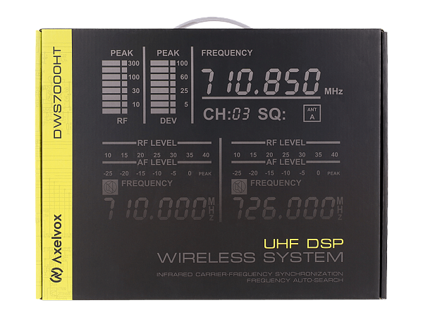 Микрофонная радиосистема Axelvox [DWS7000HT (LT Bundle)] UHF 710-726 MHz, 2 x 32 канала, LCD дисплей, 2х ИК порт, 2x поясных передатчика, 2x головной микрофон, 2x петличный микрофон