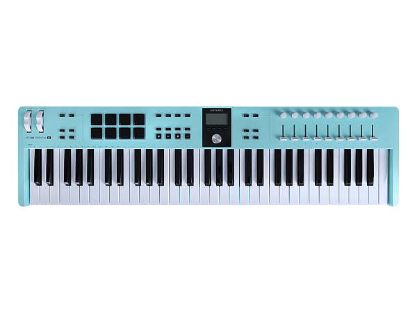 MIDI клавиатура [231534] Arturia [KeyLab Essential 61 mk3 Aquamarine] 61 клавиша, LCD дисплей, 9 энкодеров, 8 пэдов, 9 фейдеров, 12 кнопок управления, колеса высоты тона и модуляции, 1/4" Jack вход для педали, MIDI выход, Type-C