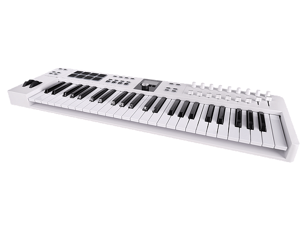 MIDI клавиатура [231521] Arturia [KeyLab Essential 49 mk3 White] 49 клавиш, LCD дисплей, 9 энкодеров, 8 пэдов, 9 фейдеров, 12 кнопок управления, колеса высоты тона и модуляции, 1/4" Jack вход для педали, MIDI выход, Type-C