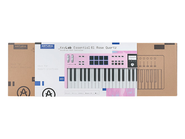 MIDI клавиатура [231535] Arturia [KeyLab Essential 61 mk3 Rose Quartz] 61 клавиша, LCD дисплей, 9 энкодеров, 8 пэдов, 9 фейдеров, 12 кнопок управления, колеса высоты тона и модуляции, 1/4" Jack вход для педали, MIDI выход, Type-C