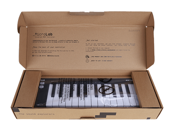 MIDI клавиатура [231512] Arturia [MicroLab 3 Black] 25 клавиш, чувствительных к скорости нажатия, сенсорные полосы pitch и modulation, режим игры аккордами, разъем для подключения педали, type-c, ПО: Analog Lab Intro, Ableton Live Lite. Цвет - черный.