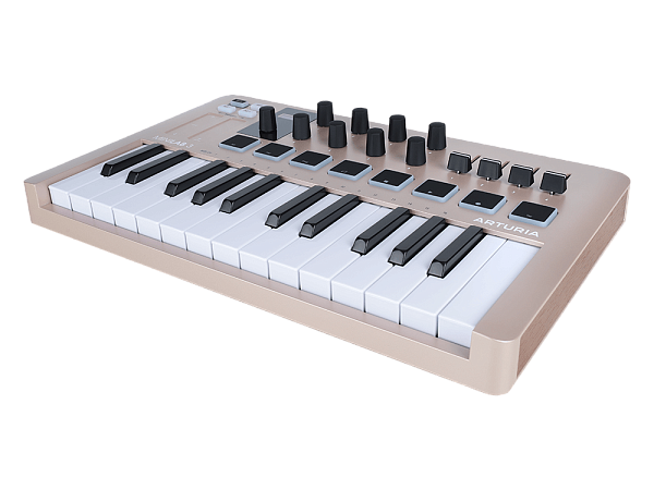 MIDI клавиатура [231508] Arturia [MiniLAB 3 Champagne] 25 клавиш, 8 энкодеров, 8 RGB пэдов, 8 фейдеров, дисплей, сенсорные регуляторы Pitch/Modulation, MIDI-выход, 1/4" Jack вход педали, режим Chord, арпеджиатор, USB-C