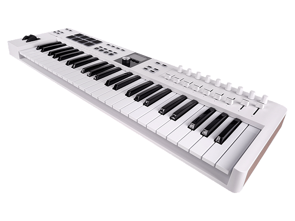 MIDI клавиатура [231521] Arturia [KeyLab Essential 49 mk3 White] 49 клавиш, LCD дисплей, 9 энкодеров, 8 пэдов, 9 фейдеров, 12 кнопок управления, колеса высоты тона и модуляции, 1/4" Jack вход для педали, MIDI выход, Type-C