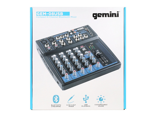 Микшер [GEM-08USB] Gemini [GEM-08USB] аналоговый, 8 каналов, выход на наушники, Bluetooth, USB-проигрыватель файлов в формате MP3/WAV