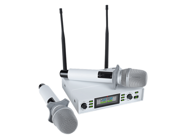 Микрофонная радиосистема Axelvox [DX800SW] UHF 650 - 758 MHz, подавитель обратной связи, цифровая модуляция, LCD дисплей, DSP, ручной микрофон - 2 шт., силиконовые кольца - 2 шт., держатель для микрофона - 2 шт., цвет белый.
