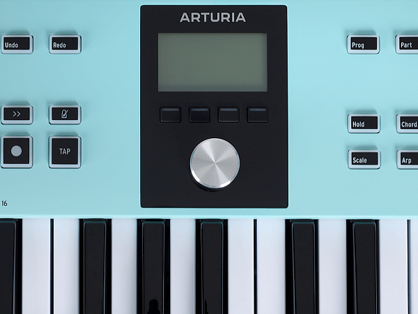 MIDI клавиатура [231524] Arturia [KeyLab Essential 49 mk3 Aquamarine] 49 клавиш, LCD дисплей, 9 энкодеров, 8 пэдов, 9 фейдеров, 12 кнопок управления, колеса высоты тона и модуляции, 1/4" Jack вход для педали, MIDI выход, Type-C