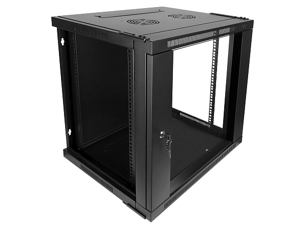 Настенный шкаф Wize Pro [W12U50QSR] 19", 12U, быстрая сборка без инструментов, 600х500 мм, стеклянная передняя дверь, задняя стенка металлическая, неоткидная, макс. вес нагрузки 50 кг, сталь, черный