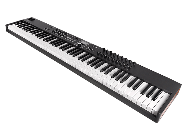 MIDI клавиатура [231542] Arturia [KeyLab Essential 88 mk3 Black] 88 клавиш, LCD дисплей, 9 энкодеров, 8 пэдов, 9 фейдеров, 12 кнопок управления, колеса высоты тона и модуляции, 1/4" Jack вход для педали, MIDI выход, Type-C