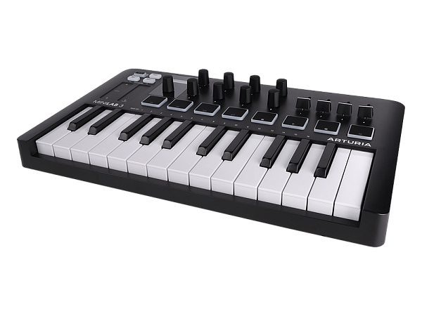 MIDI клавиатура [231502] Arturia [MiniLAB 3 Black Edition] 25 клавиш, 8 энкодеров, 8 RGB пэдов, 8 фейдеров, дисплей, сенсорные регуляторы Pitch/Modulation, MIDI-выход, 1/4" Jack вход педали, режим Chord, арпеджиатор, USB-C