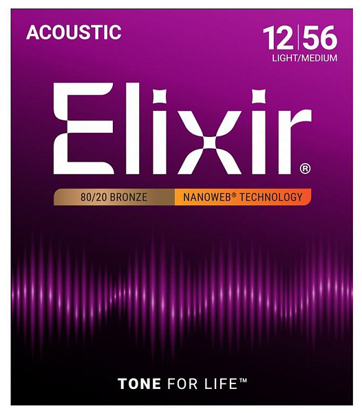 11077 NANOWEB Комплект струн для акустической гитары, Light-Medium, бронза 80/20, 12-56, Elixir
