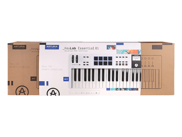 MIDI клавиатура [231531] Arturia [KeyLab Essential 61 mk3 White] 61 клавиша, LCD дисплей, 9 энкодеров, 8 пэдов, 9 фейдеров, 12 кнопок управления, колеса высоты тона и модуляции, 1/4" Jack вход для педали, MIDI выход, Type-C