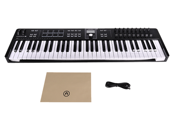 MIDI клавиатура [231532] Arturia [KeyLab Essential 61 mk3 Black] 61 клавиша, LCD дисплей, 9 энкодеров, 8 пэдов, 9 фейдеров, 12 кнопок управления, колеса высоты тона и модуляции, 1/4" Jack вход для педали, MIDI выход, Type-C