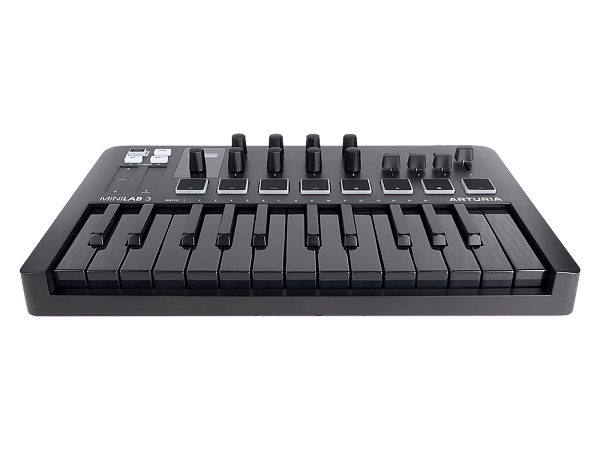 MIDI клавиатура [231503] Arturia [MiniLAB 3 Deep Black] 25 клавиш, 8 энкодеров, 8 RGB пэдов, 8 фейдеров, дисплей, сенсорные регуляторы Pitch/Modulation, MIDI-выход, 1/4" Jack вход педали, режим Chord, арпеджиатор, USB-C