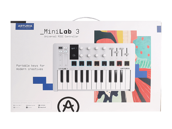 MIDI клавиатура [231501] Arturia [MiniLAB 3] 25 клавиш, 8 энкодеров, 8 RGB пэдов, 8 фейдеров, дисплей, сенсорные регуляторы Pitch/Modulation, MIDI-выход, 1/4" Jack вход педали, режим Chord, арпеджиатор, USB-C