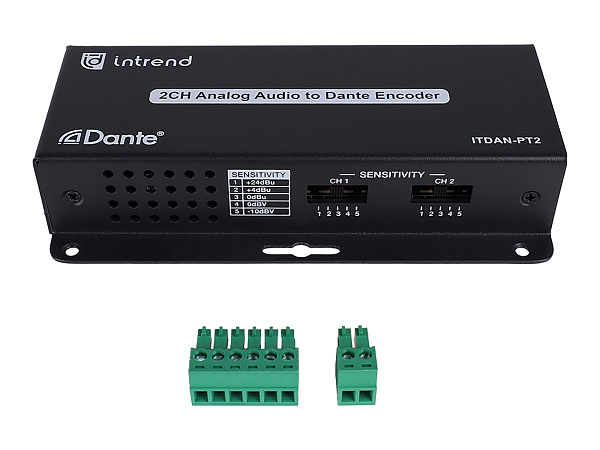 Конвертер Intrend [ITDAN-PT2] Аналог - Dante (передатчик), 2 аналоговых входа (6-pin phoenix, балансный/линейный), 1xRJ45(Dante)