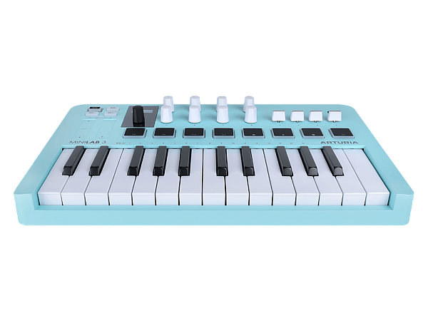 MIDI клавиатура [231599] Arturia [MiniLAB 3 Aquamarine] 25 клавиш, 8 энкодеров, 8 RGB пэдов, 8 фейдеров, дисплей, сенсорные регуляторы Pitch/Modulation, MIDI-выход, 1/4" Jack вход педали, режим Chord, арпеджиатор, USB-C